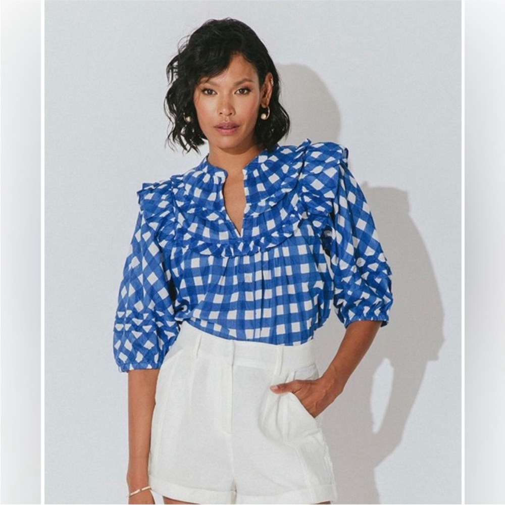Cleobella Blue and White Gingham Ruffle Yoke Blouse